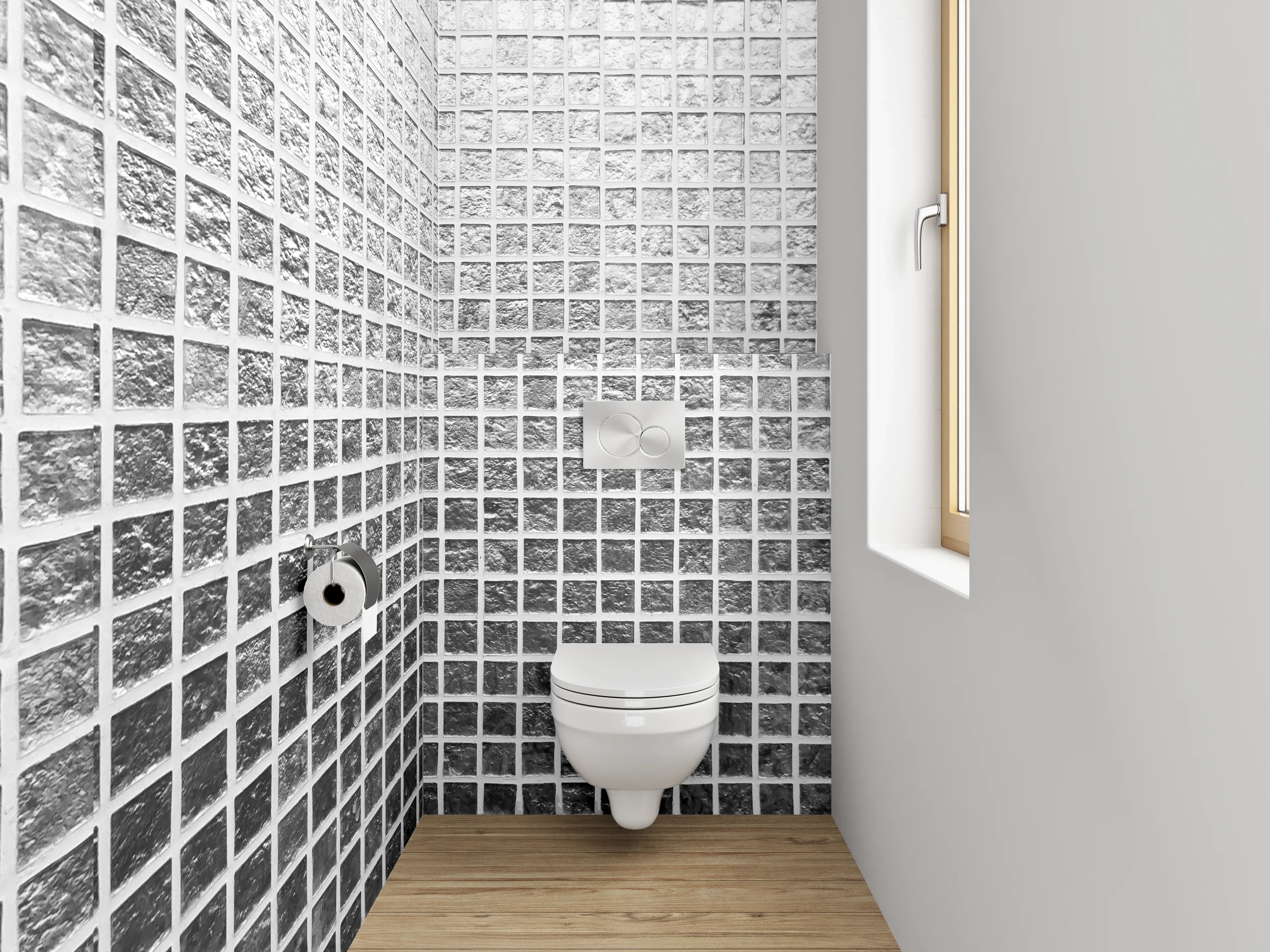 WC-Rückwand - Zeitlose Graumosaikfliesen in Weiß