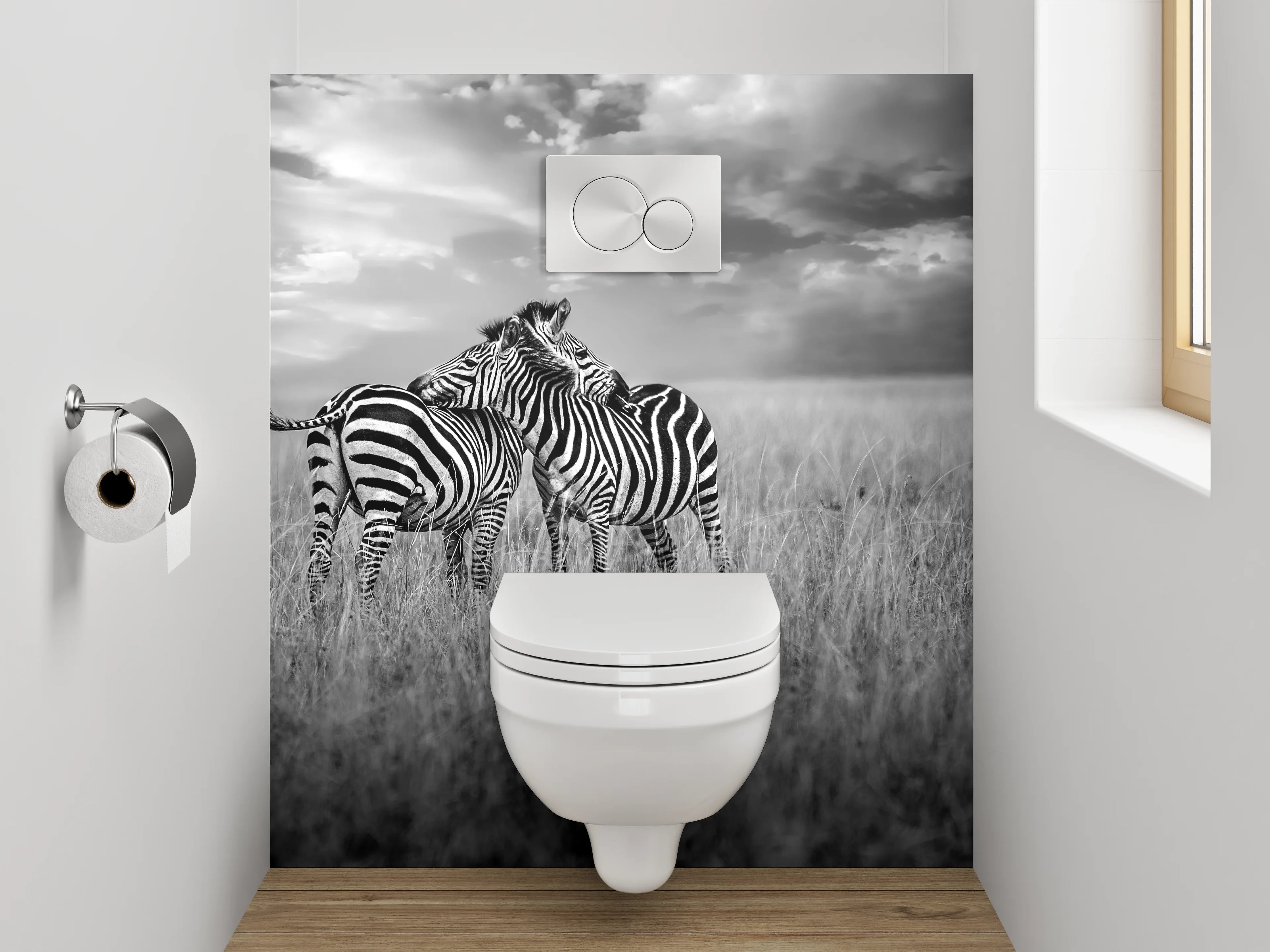 WC-Rückwand - Zwei Zebras auf weiter Savanne Schwarz-Weiß