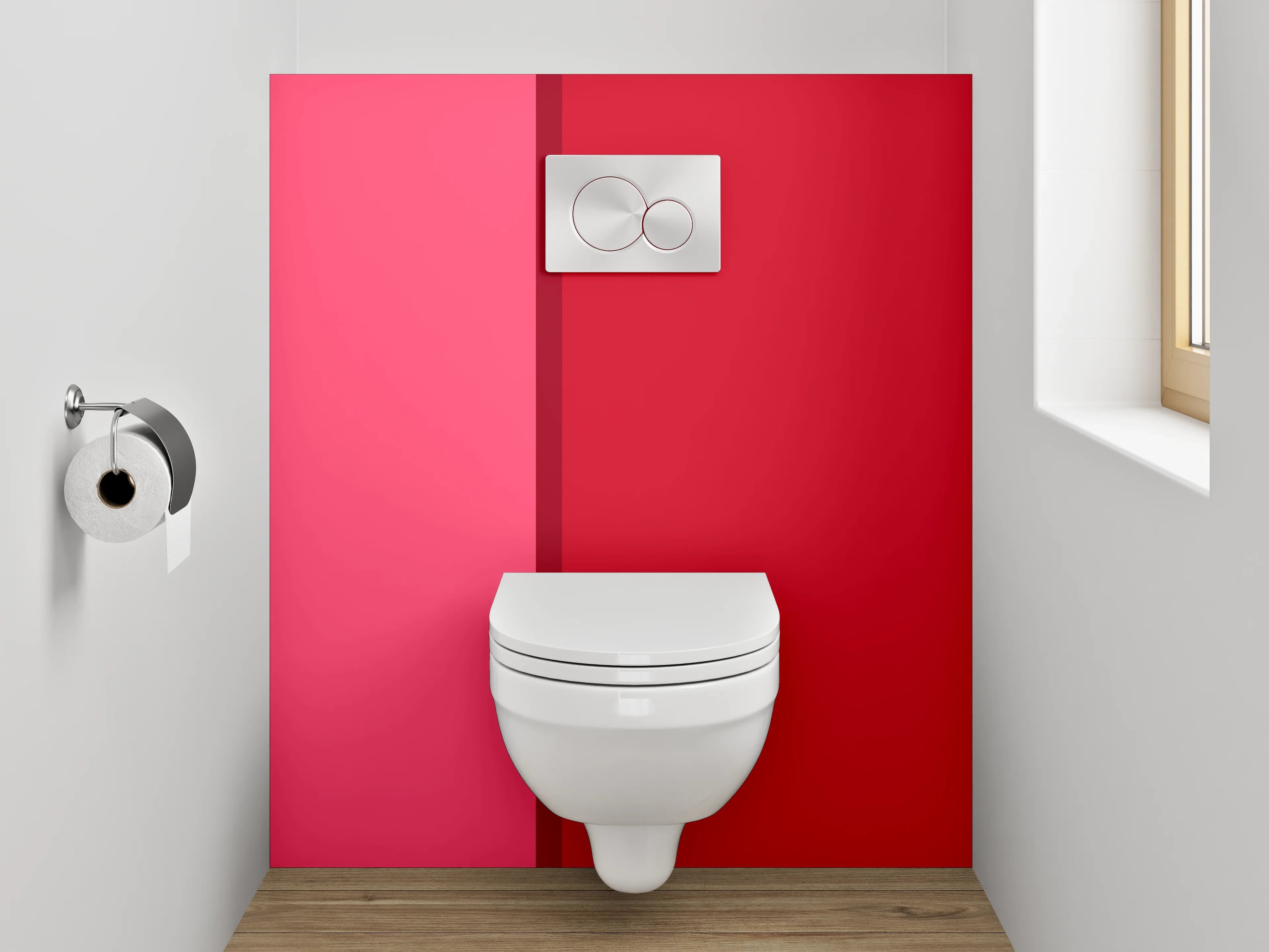 WC-Rückwand - Zweiteilige Farbfläche Rot und Rosa