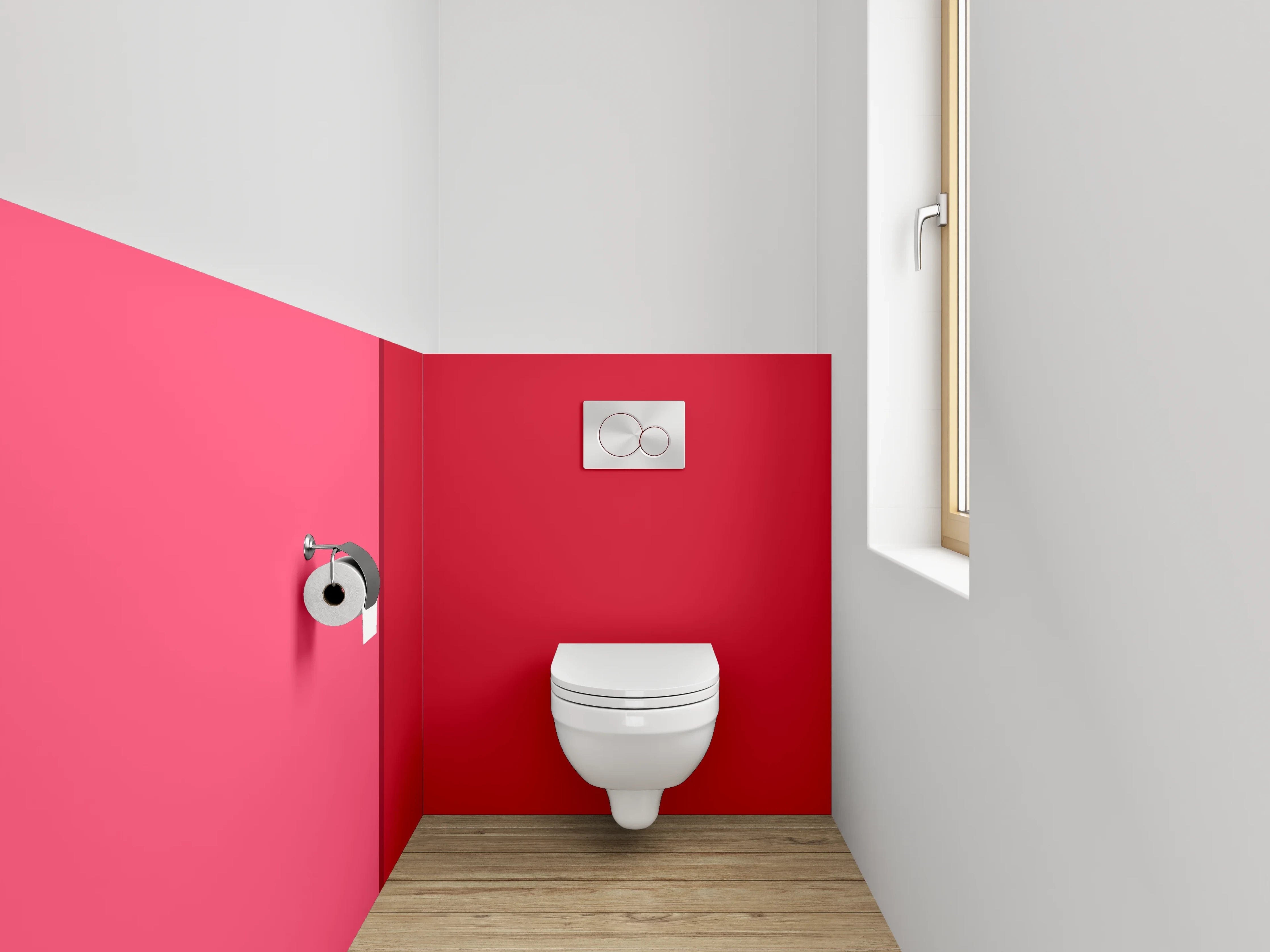 WC-Rückwand - Zweiteilige Farbfläche Rot und Rosa