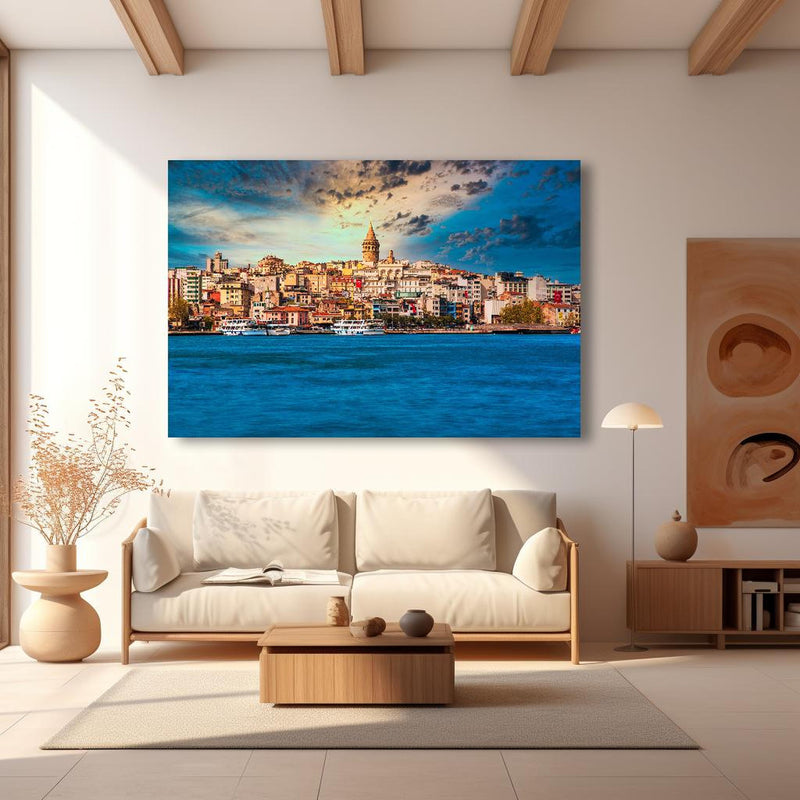 Wandbild -  Ausblick auf Galata vom Wasser in modernem Wohnzimmer im Loft-Stil