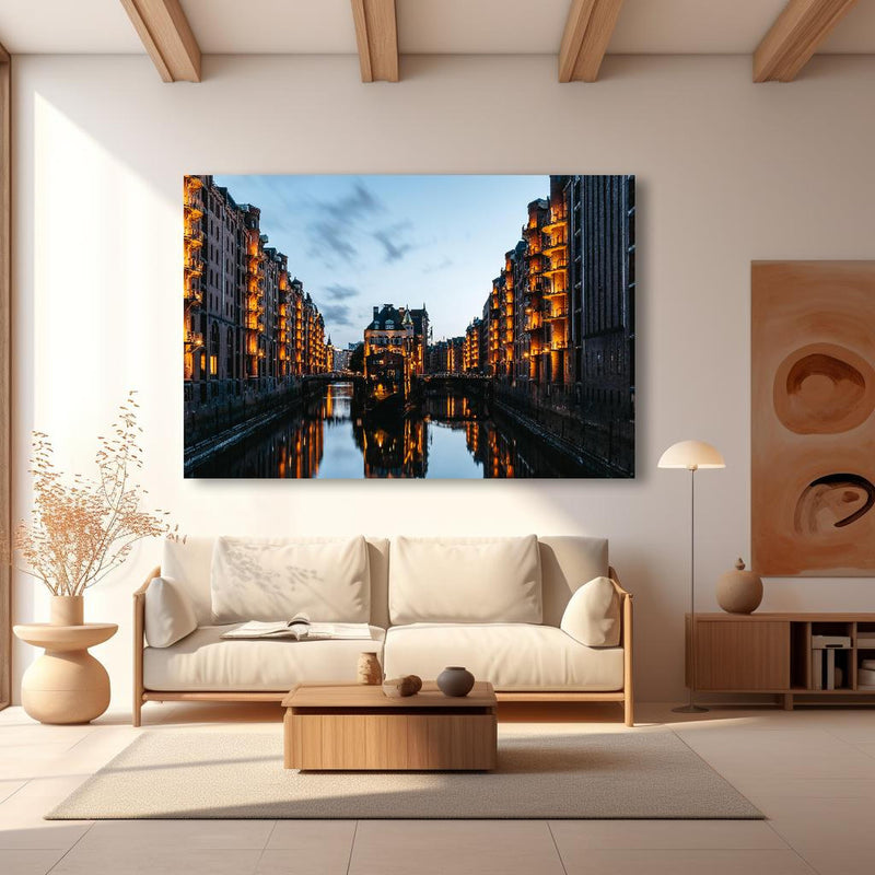 Wandbild -  Ausblick von der Poggenmühlenbrücke - Hamburg in modernem Wohnzimmer im Loft-Stil