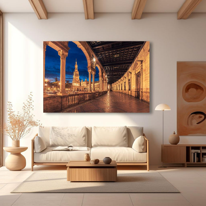 Wandbild -  Plaza de Espana con Sevilla - Spanien in modernem Wohnzimmer im Loft-Stil