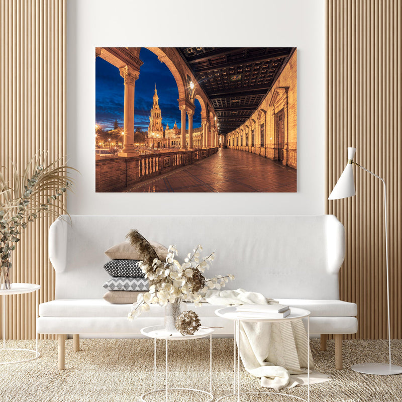 Wandbild -  Plaza de Espana con Sevilla - Spanien in extravagant gestaltetem Raum mit minimalistischer Couch-quadratisch