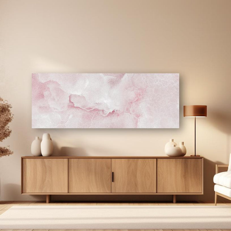 Wandbild -  Rosa Emperador Onyx Marmor in dezentem Wohnzimmer mit geölter Holzkommode