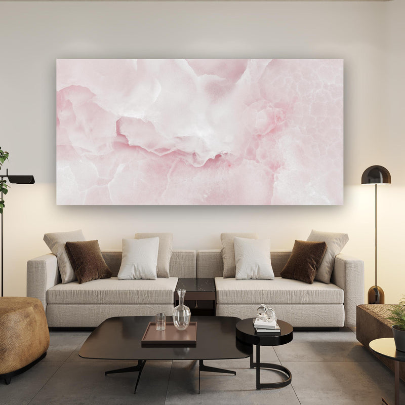 Wandbild -  Rosa Emperador Onyx Marmor über Urban-Stil Couch hinter futuristischem Tisch