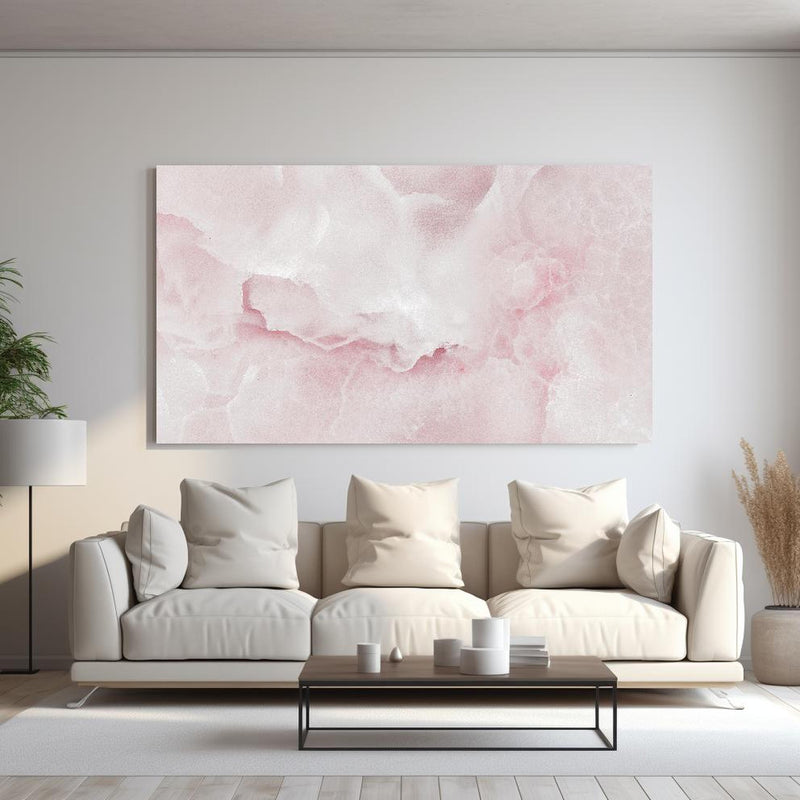 Wandbild -  Rosa Emperador Onyx Marmor hinter sanfter Couch mit cremefarbenen großen Kissen