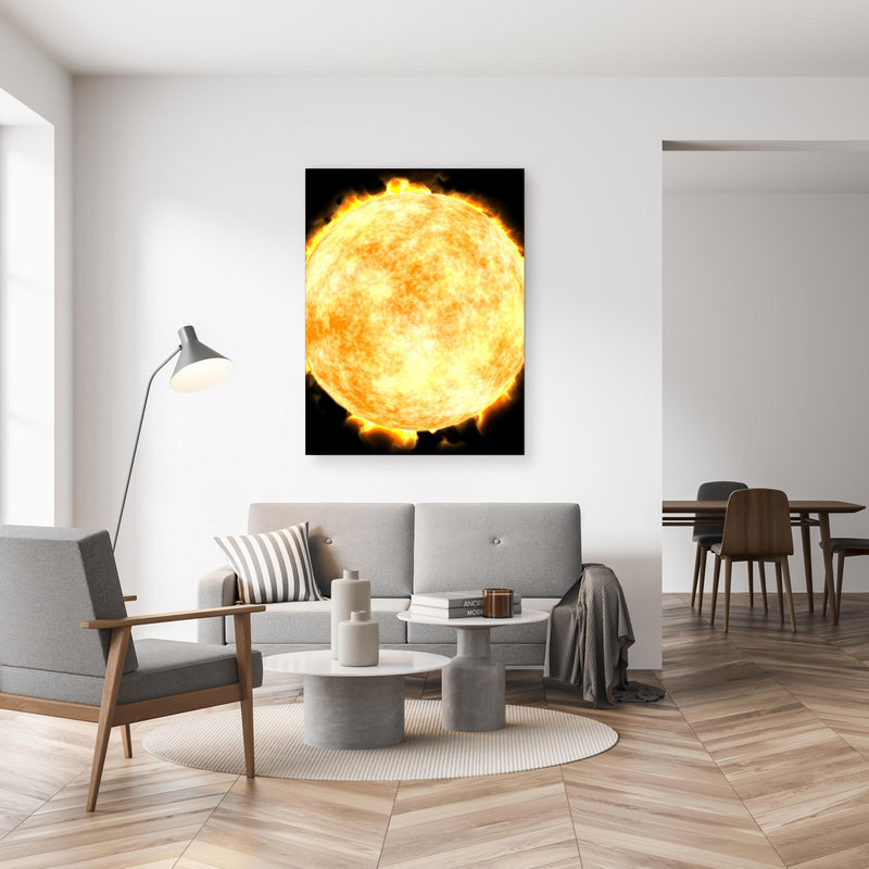 Wandbild -  Sonne auf Schwarzem Hintergrund in gemütlichem Wohnzimmer neben grauer Retro-Lampe