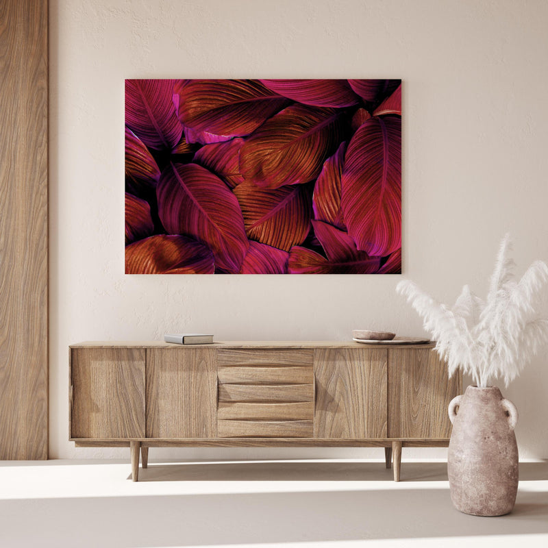 Wandbild -  Spathiphyllum cannifolium - Rosa Blätter über Holzkommode hinter dekorativer Zimmerpflanze