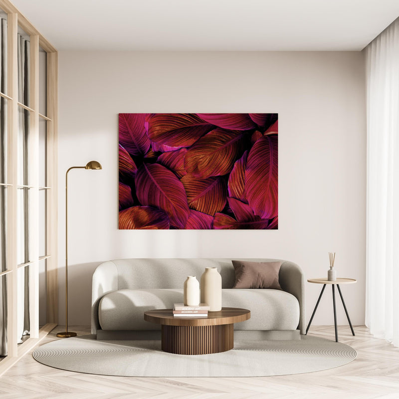 Wandbild -  Spathiphyllum cannifolium - Rosa Blätter in minimalistisch eingerichtetem cremefarbenen Wohnzimmer