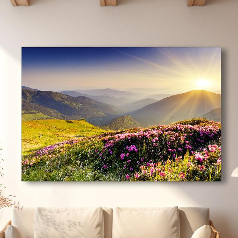 Wandbild -  ruhige Berglandschaft in der Schweiz in modernem Wohnzimmer im Loft-Stil Zoom