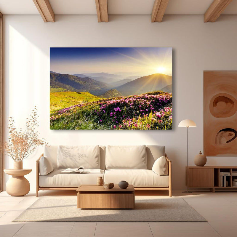 Wandbild -  ruhige Berglandschaft in der Schweiz in modernem Wohnzimmer im Loft-Stil