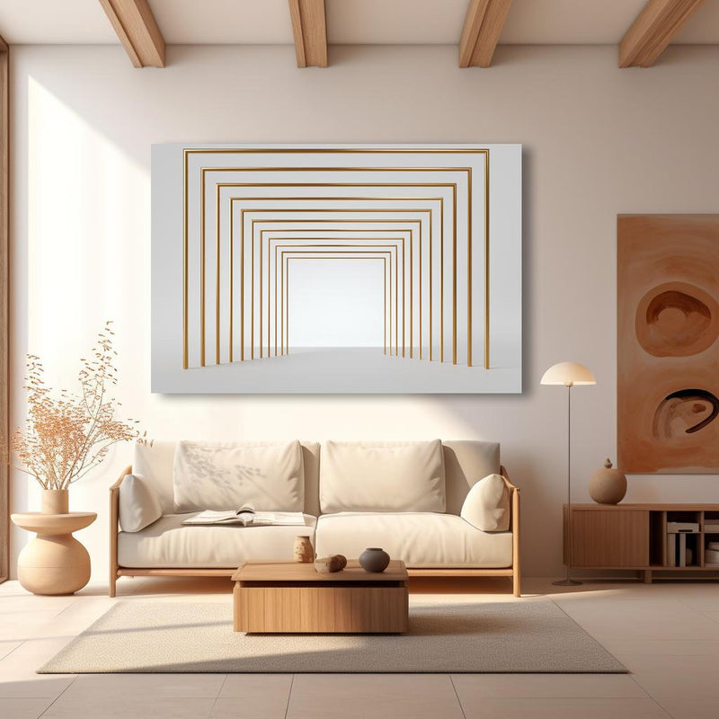 Wandbild - 3D-Design eines Tunnels mit vergoldeten Stangen in modernem Wohnzimmer im Loft-Stil