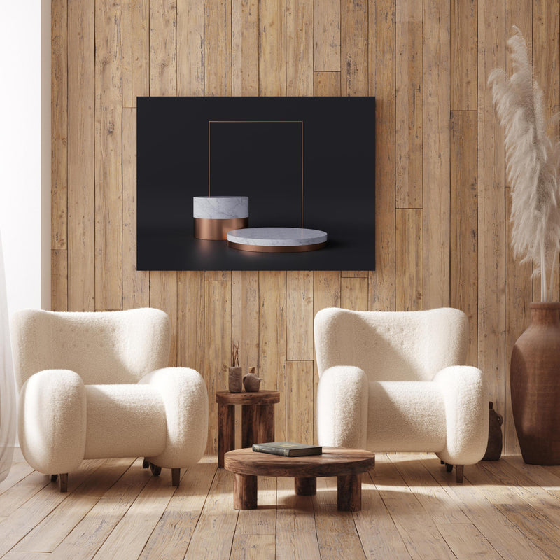 Wandbild - 3D-Design von weißer Marmor Struktur an Holzwand hinter sanften Sesseln mit Plüschbezug