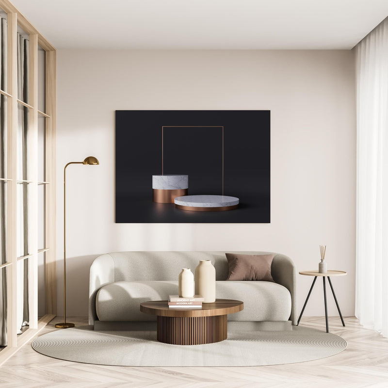 Wandbild - 3D-Design von weißer Marmor Struktur in minimalistisch eingerichtetem cremefarbenen Wohnzimmer