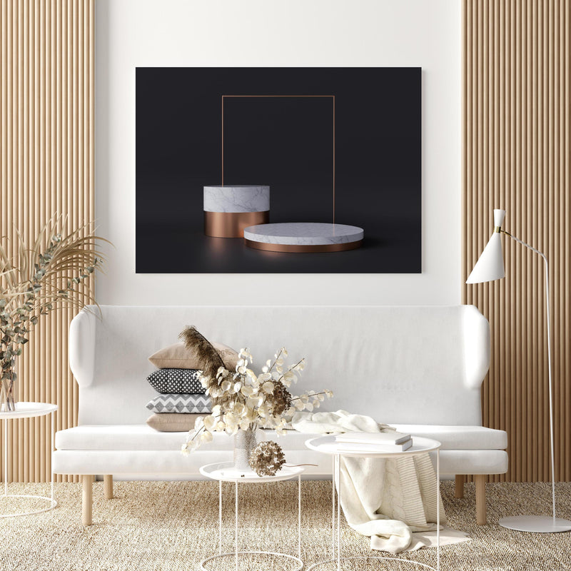 Wandbild - 3D-Design von weißer Marmor Struktur in extravagant gestaltetem Raum mit minimalistischer Couch-quadratisch
