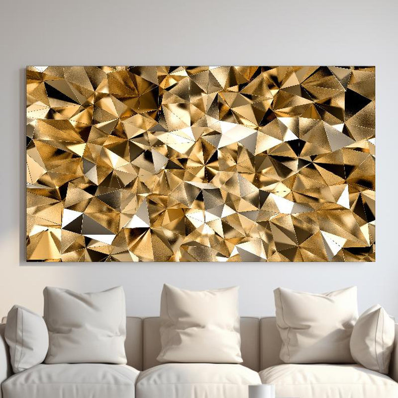 Wandbild - 3D Goldenes Kristall Design hinter sanfter Couch mit cremefarbenen großen Kissen Zoom