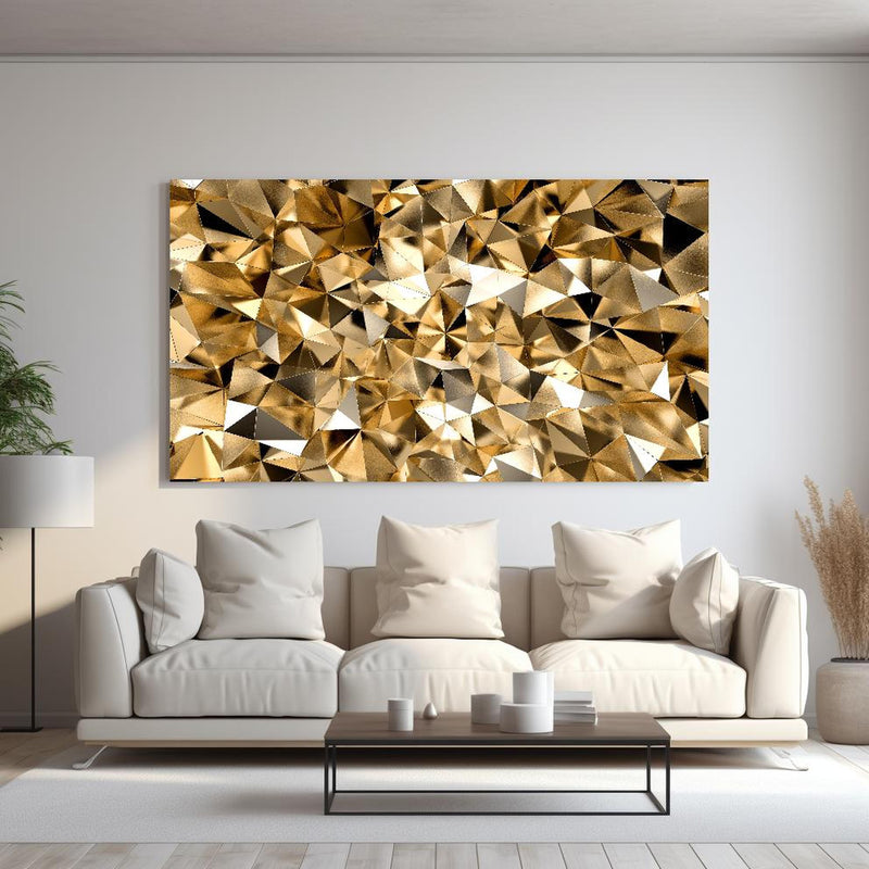 Wandbild - 3D Goldenes Kristall Design hinter sanfter Couch mit cremefarbenen großen Kissen