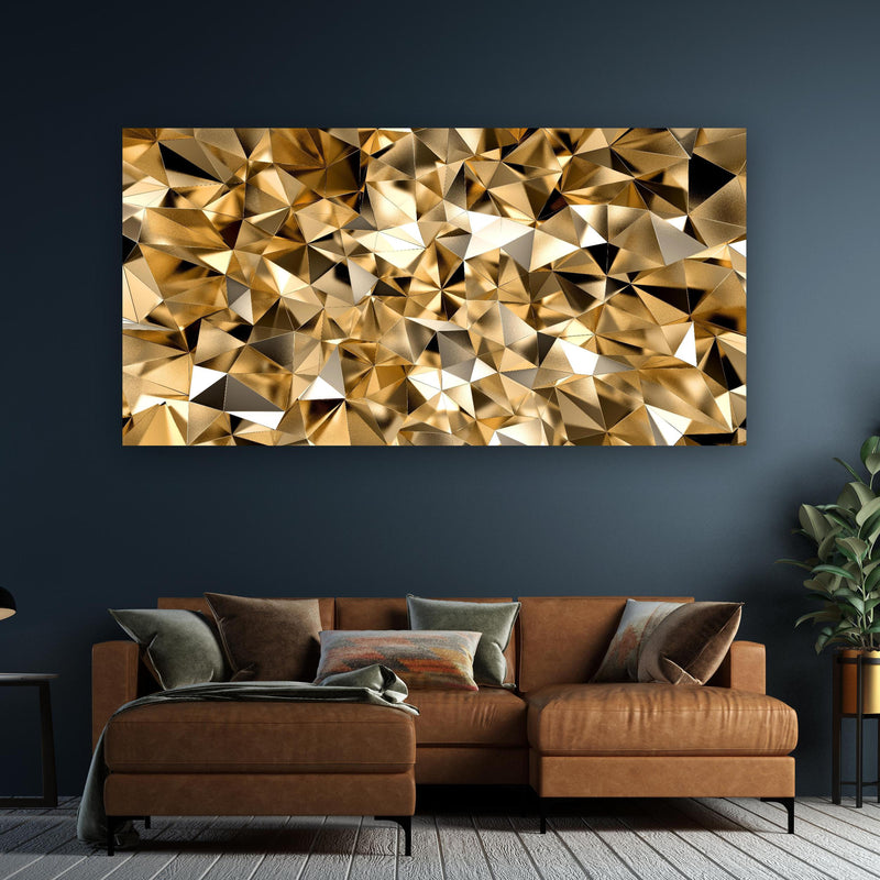 Wandbild - 3D Goldenes Kristall Design an dunkelgrüner Wand über klassischem Sofa