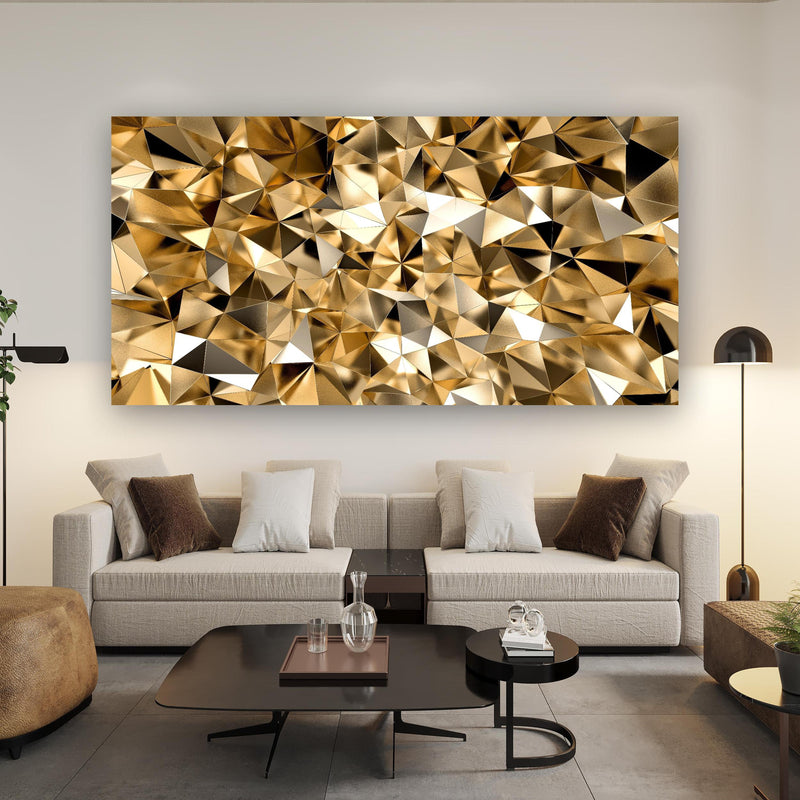 Wandbild - 3D Goldenes Kristall Design über Urban-Stil Couch hinter futuristischem Tisch