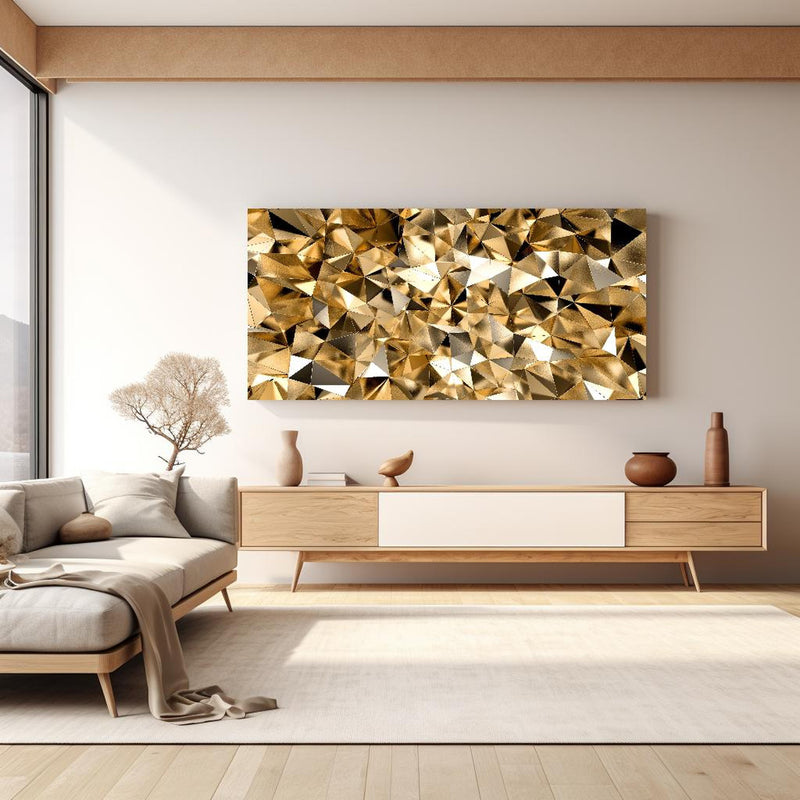 Wandbild - 3D Goldenes Kristall Design in hellem Wohnzimmer über extravaganter Kommode