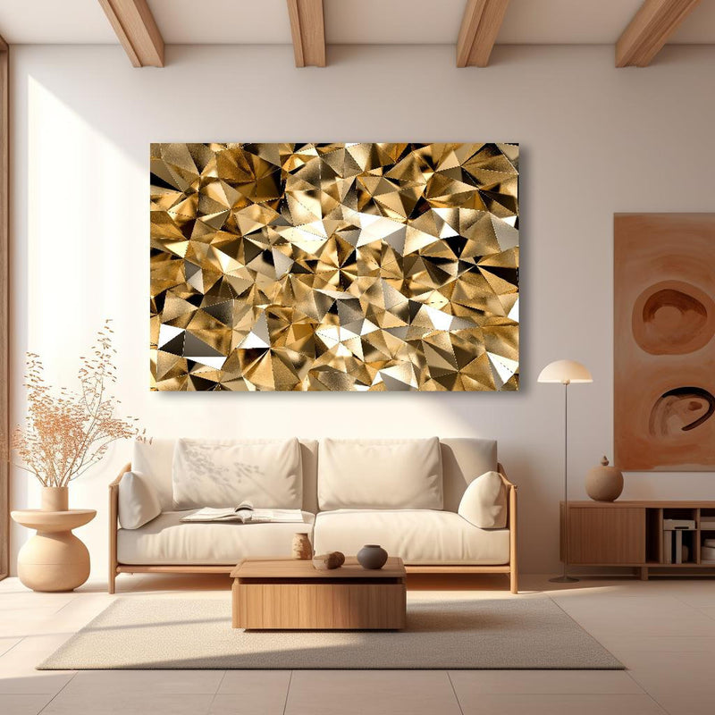 Wandbild - 3D Goldenes Kristall Design in modernem Wohnzimmer im Loft-Stil