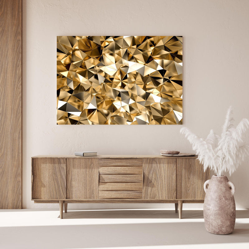 Wandbild - 3D Goldenes Kristall Design über Holzkommode hinter dekorativer Zimmerpflanze