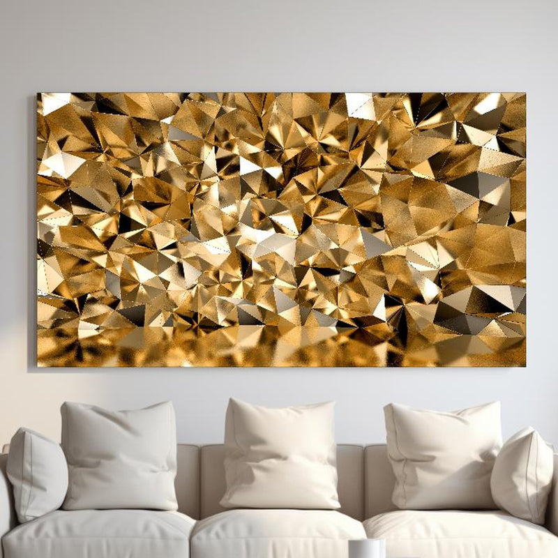 Wandbild - 3D Illustration - Goldenes Design hinter sanfter Couch mit cremefarbenen großen Kissen Zoom