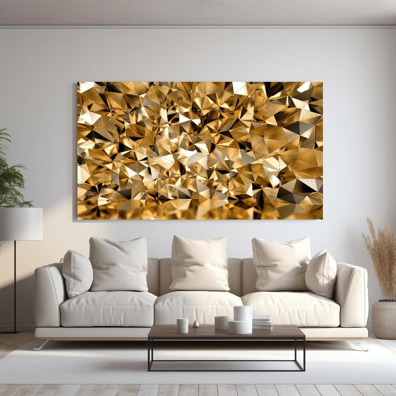 Wandbild - 3D Illustration - Goldenes Design hinter sanfter Couch mit cremefarbenen großen Kissen