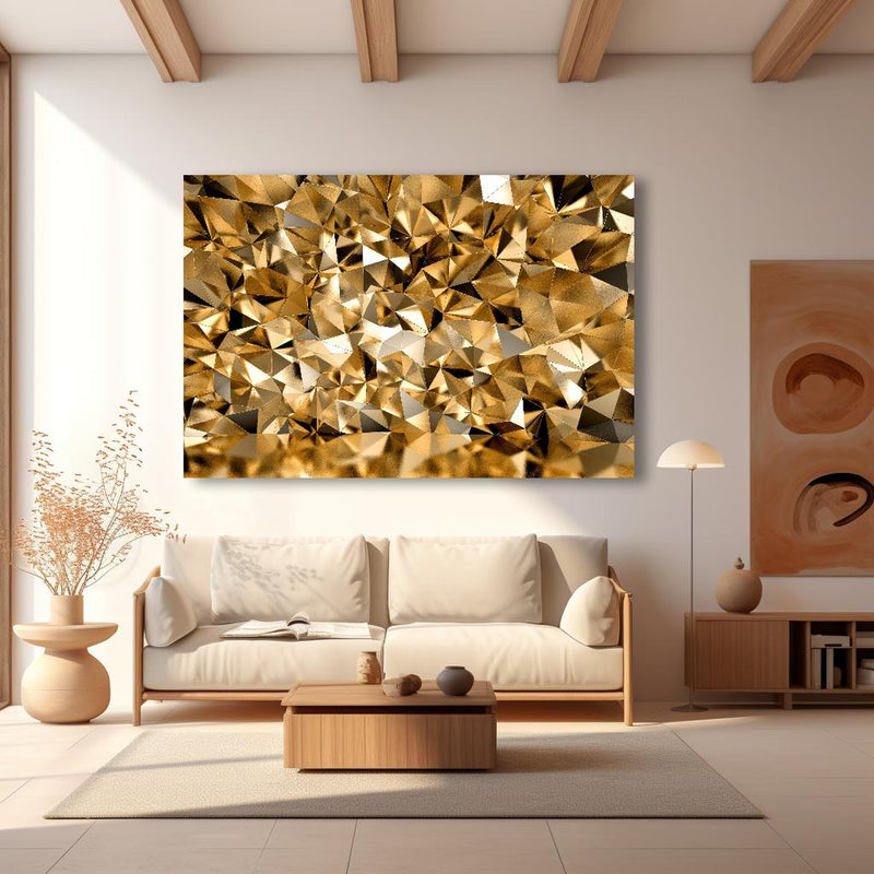 Wandbild - 3D Illustration - Goldenes Design in modernem Wohnzimmer im Loft-Stil