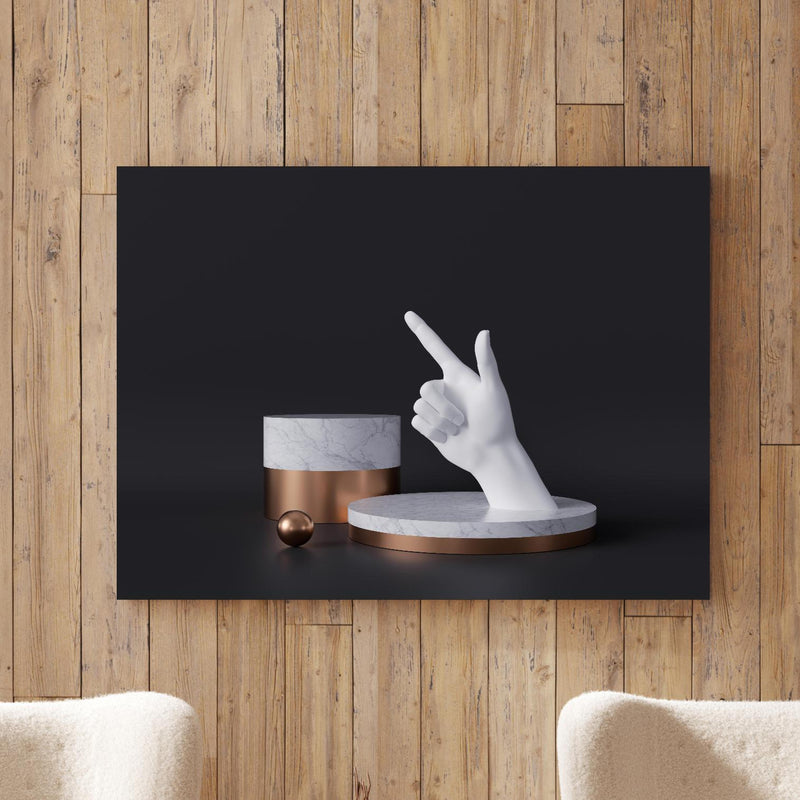 Wandbild - 3D-Rendering einer weißen Hand an Holzwand hinter sanften Sesseln mit Plüschbezug Zoom