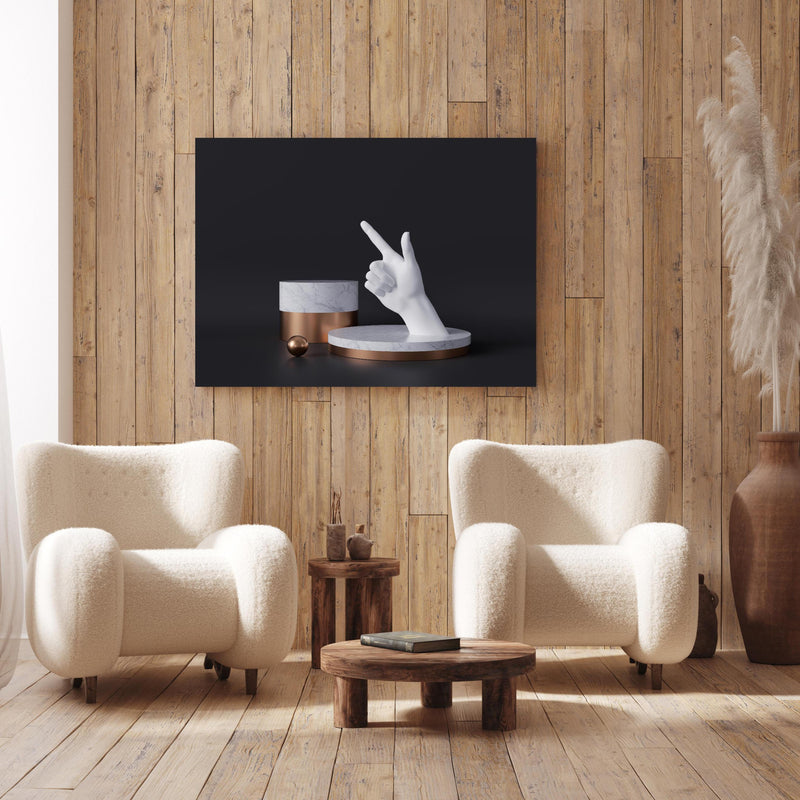 Wandbild - 3D-Rendering einer weißen Hand an Holzwand hinter sanften Sesseln mit Plüschbezug