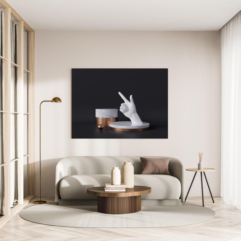 Wandbild - 3D-Rendering einer weißen Hand in minimalistisch eingerichtetem cremefarbenen Wohnzimmer