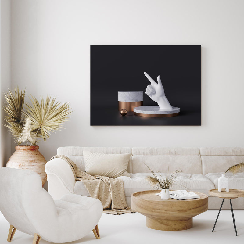 Wandbild - 3D-Rendering einer weißen Hand in exotisch eingerichtetem Wohnzimmer über gemütlicher Couch