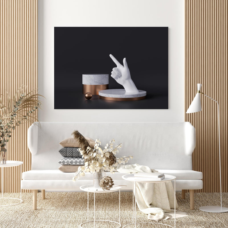Wandbild - 3D-Rendering einer weißen Hand in extravagant gestaltetem Raum mit minimalistischer Couch-quadratisch
