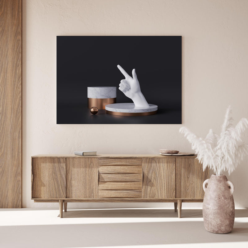 Wandbild - 3D-Rendering einer weißen Hand über Holzkommode hinter dekorativer Zimmerpflanze