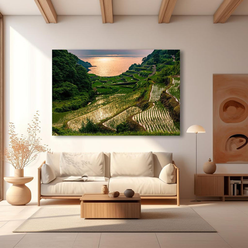 Wandbild - Abendlicher Blick japanische Berglandschaft in modernem Wohnzimmer im Loft-Stil