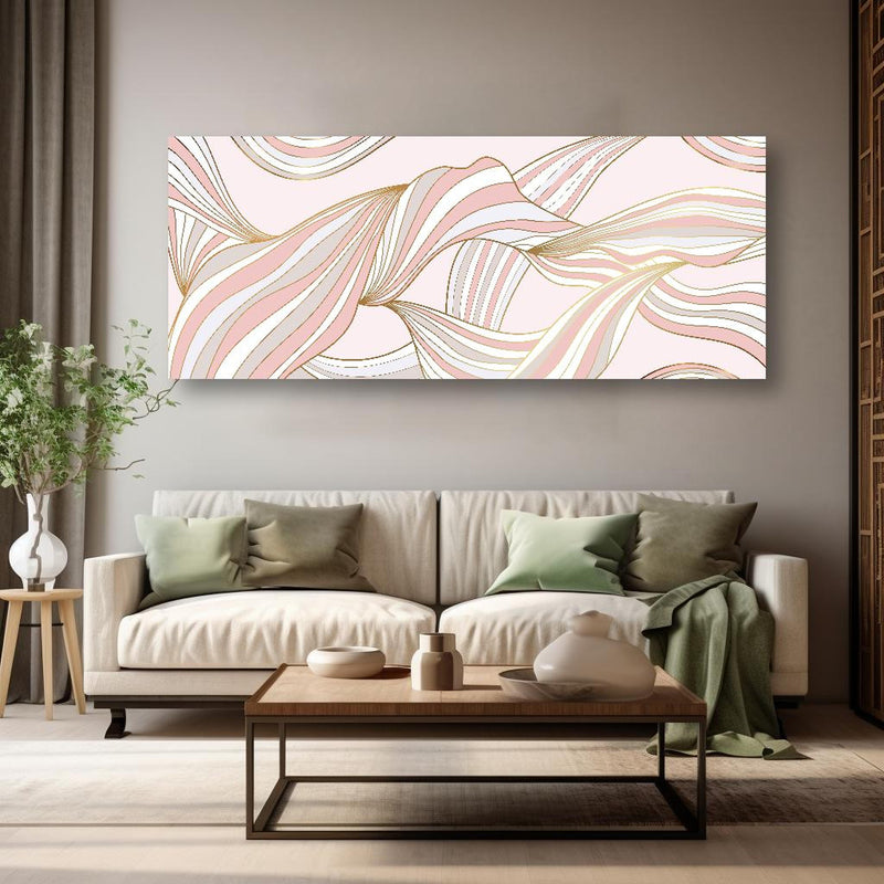 Wandbild - Abstrakt Wellige Formen in Rosé und Gold in kreativ eingerichtetem Zimmer mit moderner Vase Zoom