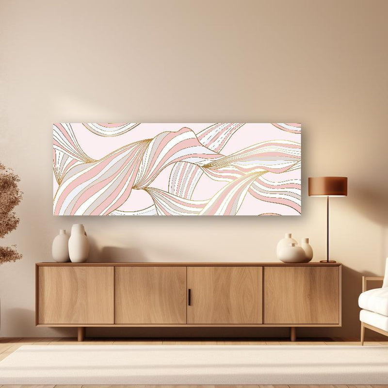 Wandbild - Abstrakt Wellige Formen in Rosé und Gold in kreativ eingerichtetem Zimmer mit moderner Vase Zoom