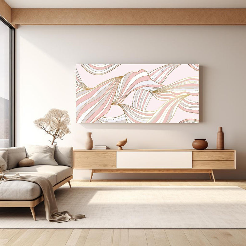 Wandbild - Abstrakt Wellige Formen in Rosé und Gold in kreativ eingerichtetem Zimmer mit moderner Vase Zoom