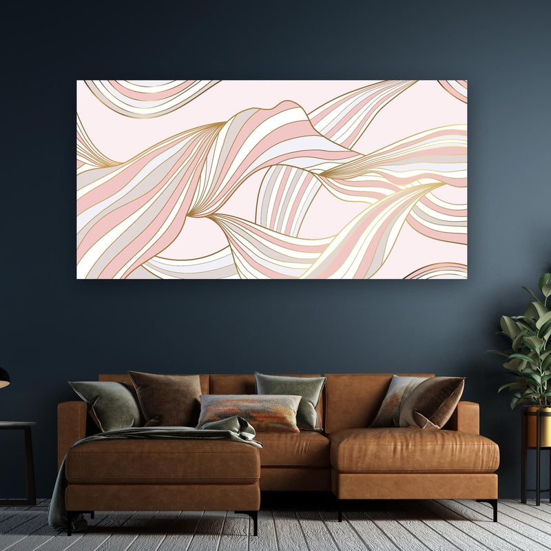 Wandbild - Abstrakt Wellige Formen in Rosé und Gold in kreativ eingerichtetem Zimmer mit moderner Vase Zoom