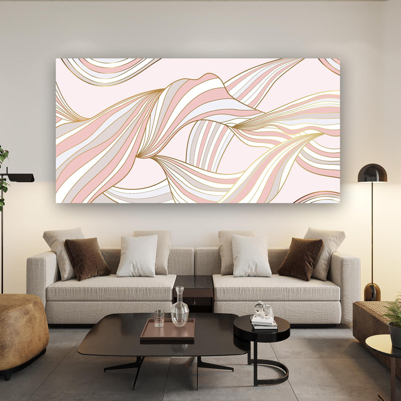 Wandbild - Abstrakt Wellige Formen in Rosé und Gold in kreativ eingerichtetem Zimmer mit moderner Vase Zoom