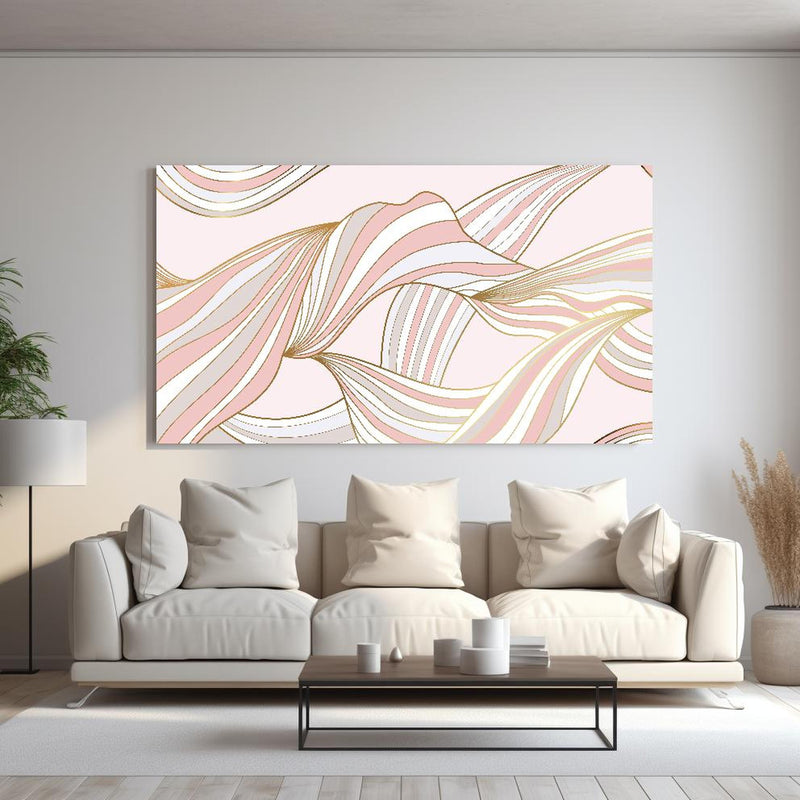 Wandbild - Abstrakt Wellige Formen in Rosé und Gold in kreativ eingerichtetem Zimmer mit moderner Vase Zoom