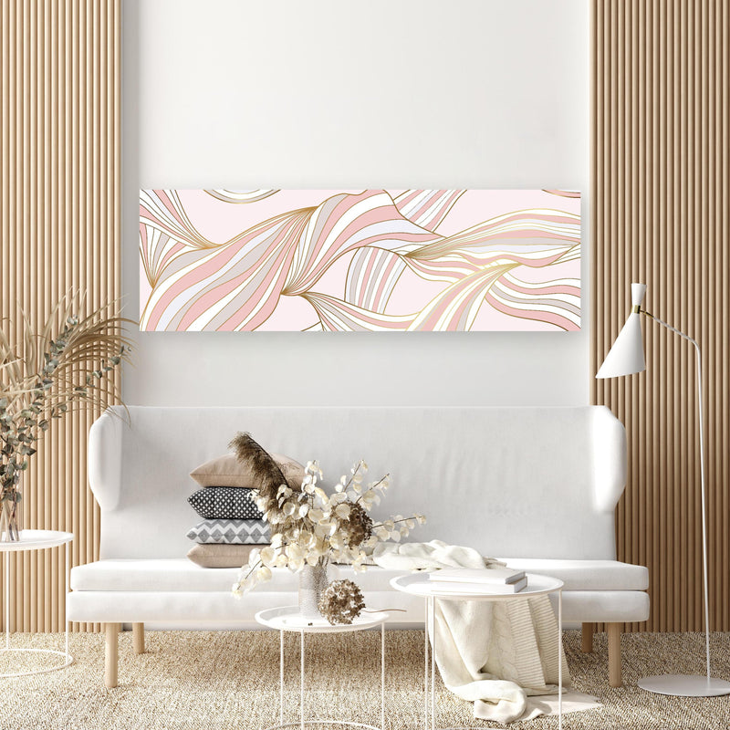 Wandbild - Abstrakt Wellige Formen in Rosé und Gold in kreativ eingerichtetem Zimmer mit moderner Vase Zoom