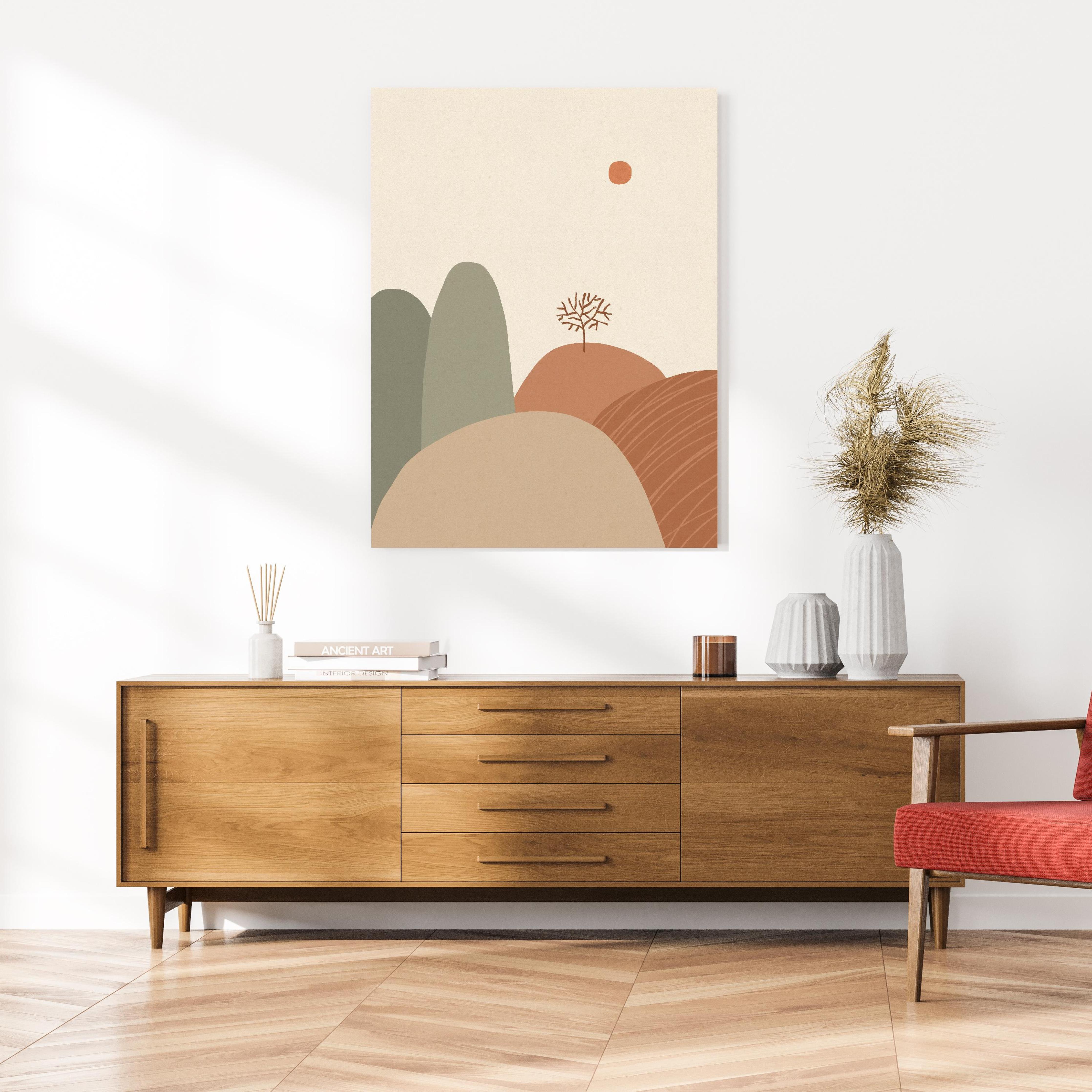 Wandbild - Abstrakte Berglandschaft an cremefarbener Wand über klassischer Holzkommode