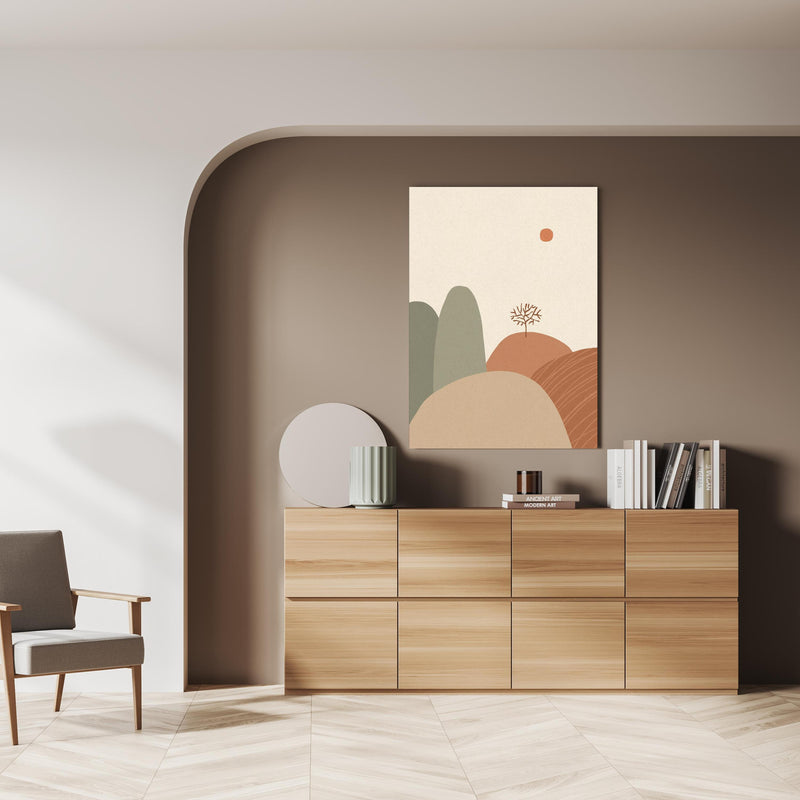Wandbild - Abstrakte Berglandschaft über doppelter Holzkommode mit Vase und Büchersammlung