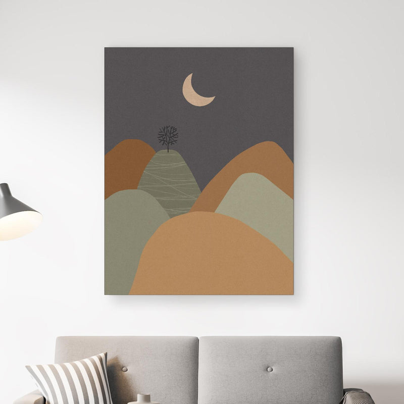 Wandbild - Abstrakte Berglandschaft bei Nacht in gemütlichem Wohnzimmer neben grauer Retro-Lampe Zoom