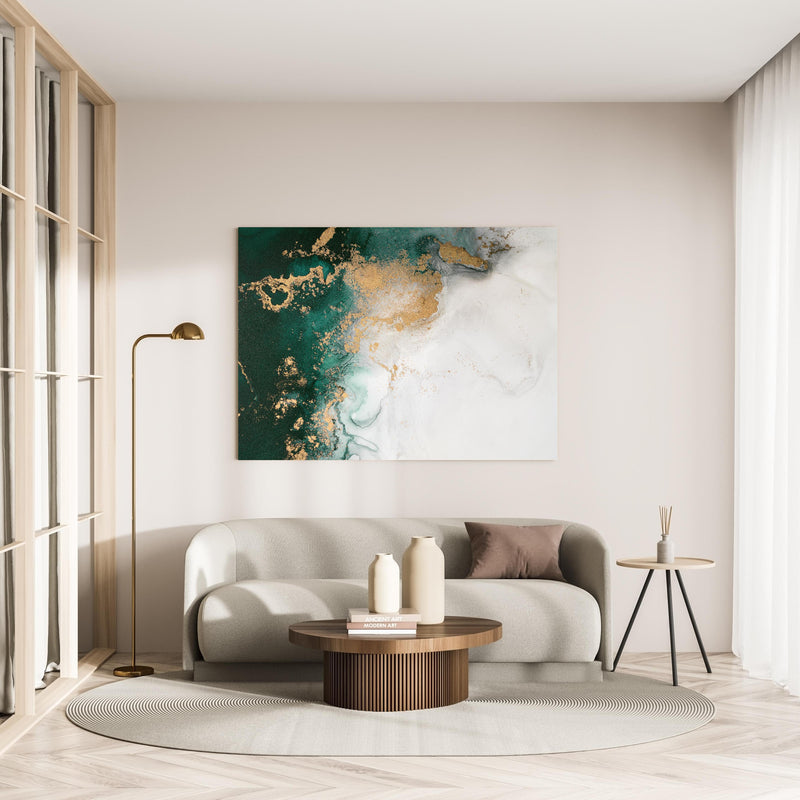 Wandbild - Abstrakte Marmor Textur - Flüssigmalerei in minimalistisch eingerichtetem cremefarbenen Wohnzimmer