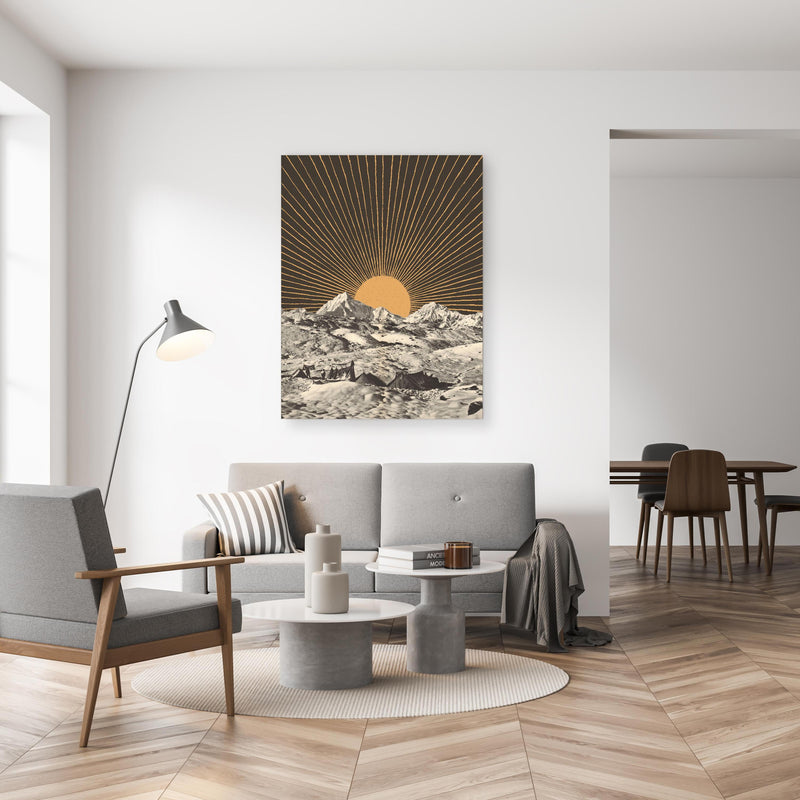 Wandbild - Abstrakte Sonnenstrahlen über Schneelandschaft in gemütlichem Wohnzimmer neben grauer Retro-Lampe