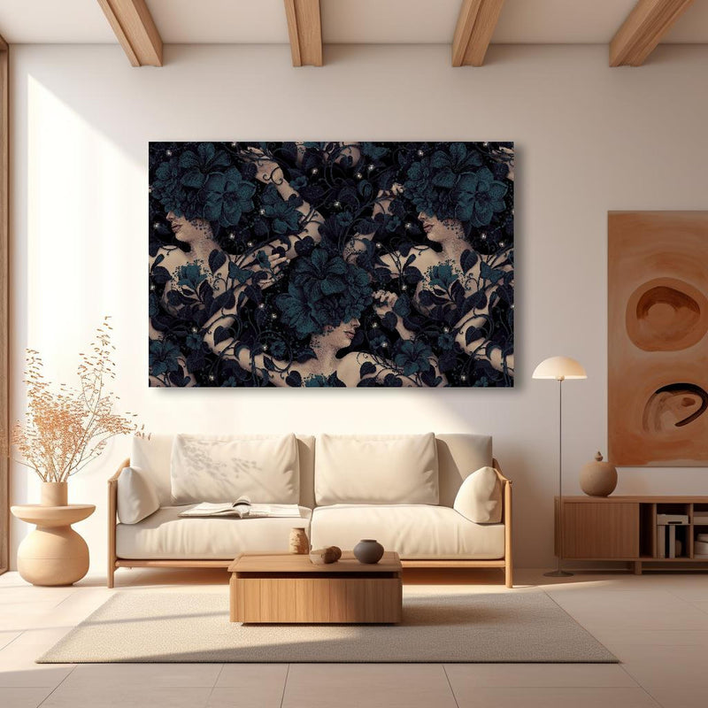Wandbild - Abstraktes Blumen, Frauen Muster in modernem Wohnzimmer im Loft-Stil